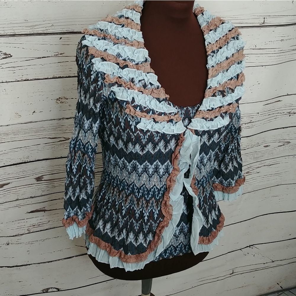 Alberto Makali Blue Brown Ruffled Cardigan Set - Picture 3 of 9